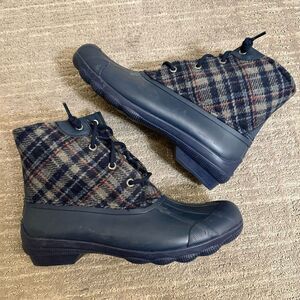 Sperry Navy Blue Saltwater Wool Plaid Duck Winter Boots Waterproof Snow Size 8